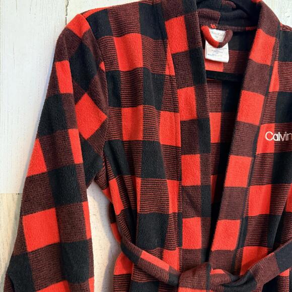 Calvin Klein Unisex 6/6X Buffalo Plaid Robe Red Black Tie Waist Cozy Lounge - Picture 4 of 7